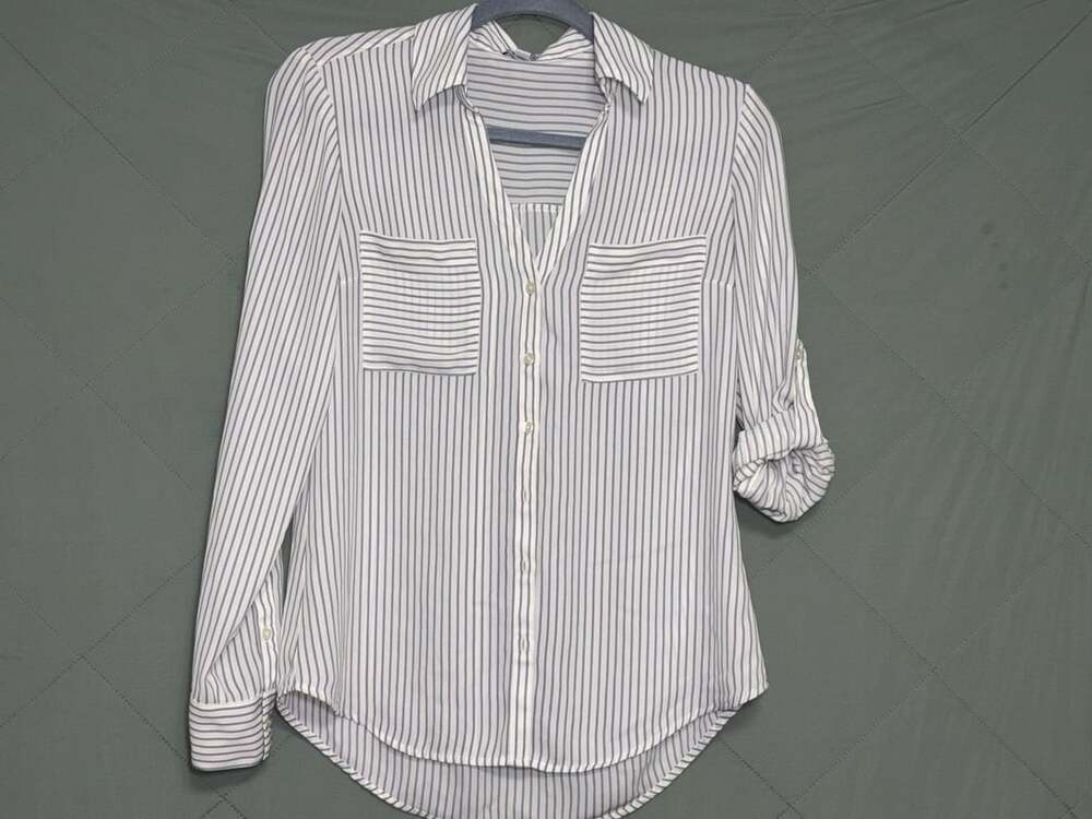 Express Striped Long Roll-Tab Sleeve Shirt White Black